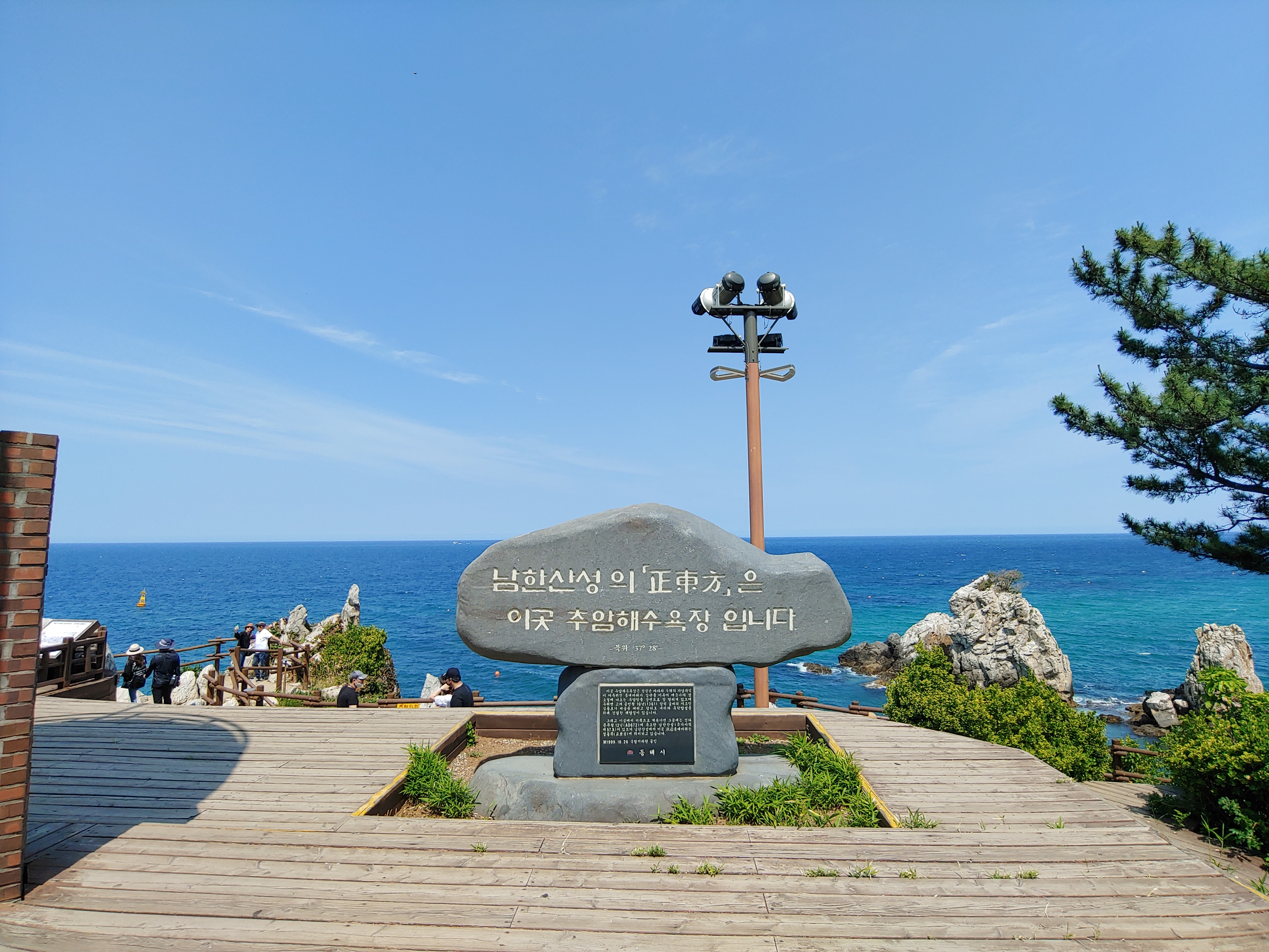 楚岩烛台岩全景，海中石柱托起孤松，远处是开阔的东海海面。